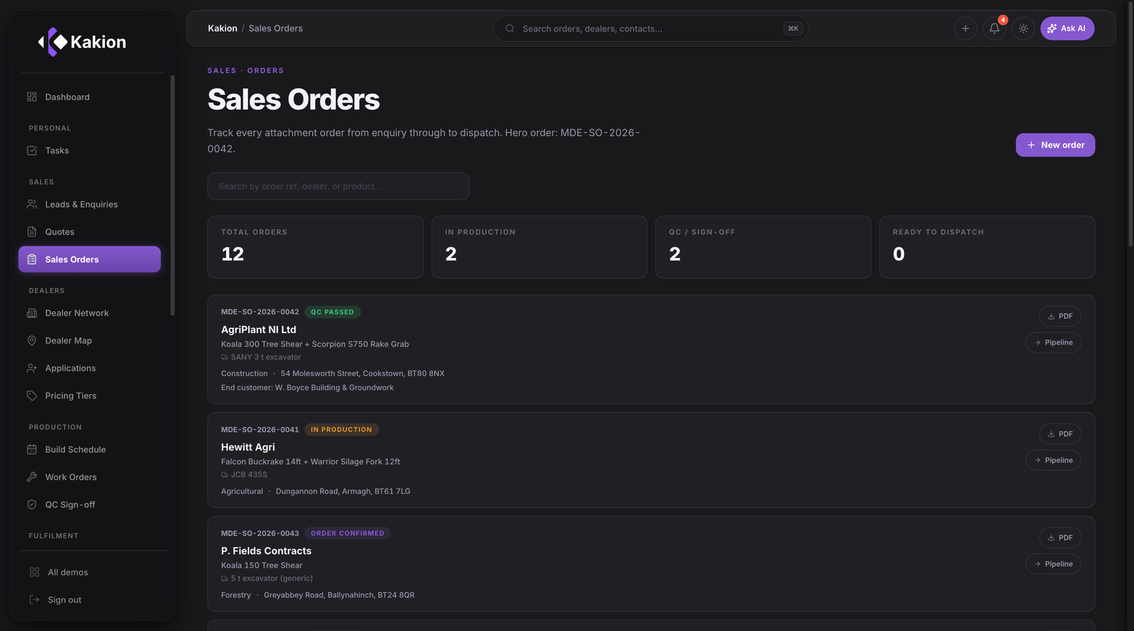 Kakion sales orders screen showing a completed order with invoice and handover documentation
