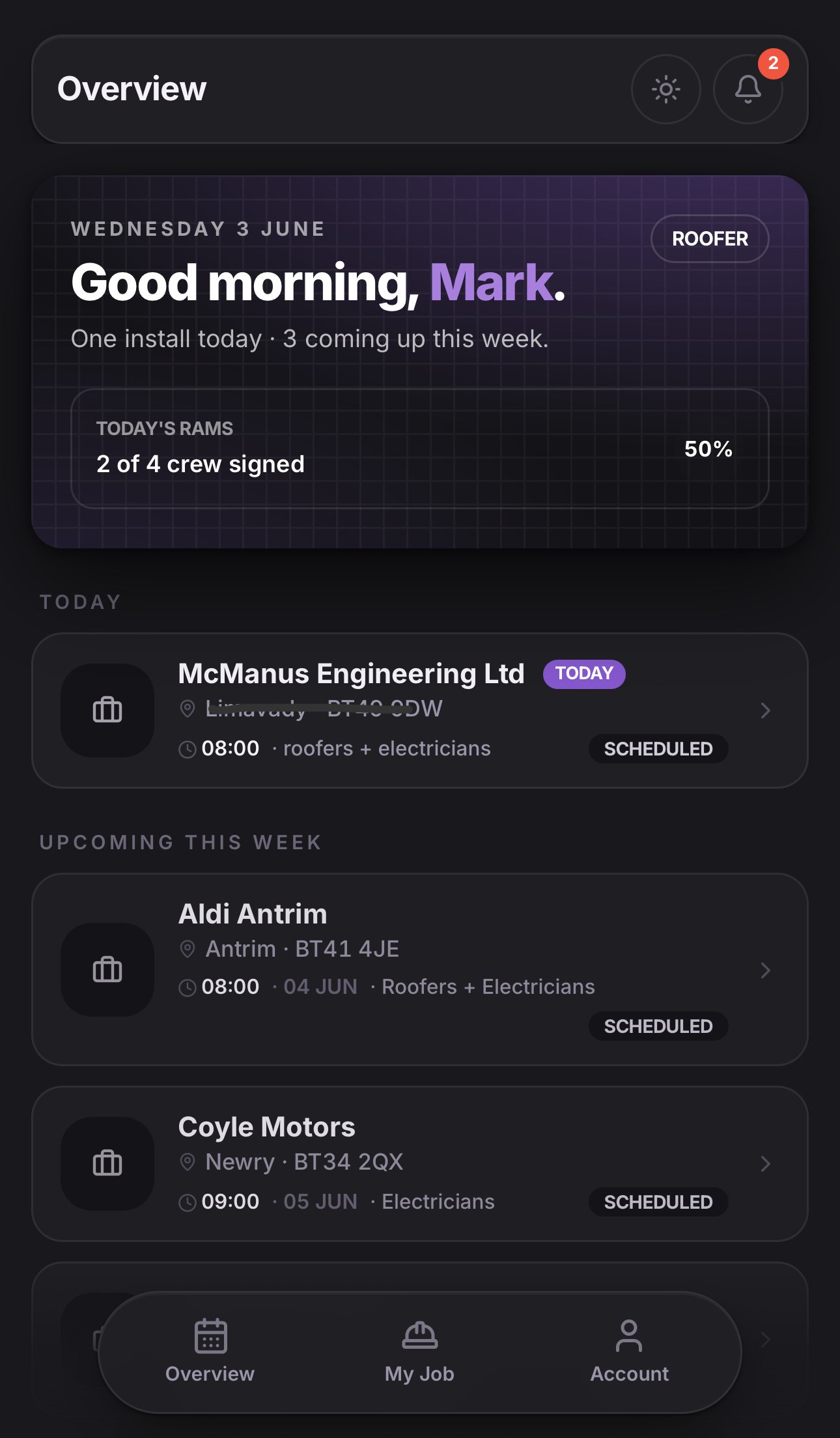 The Kakion mobile app on a phone - a job card with completion status, the day's checklist and photos already attached from site.