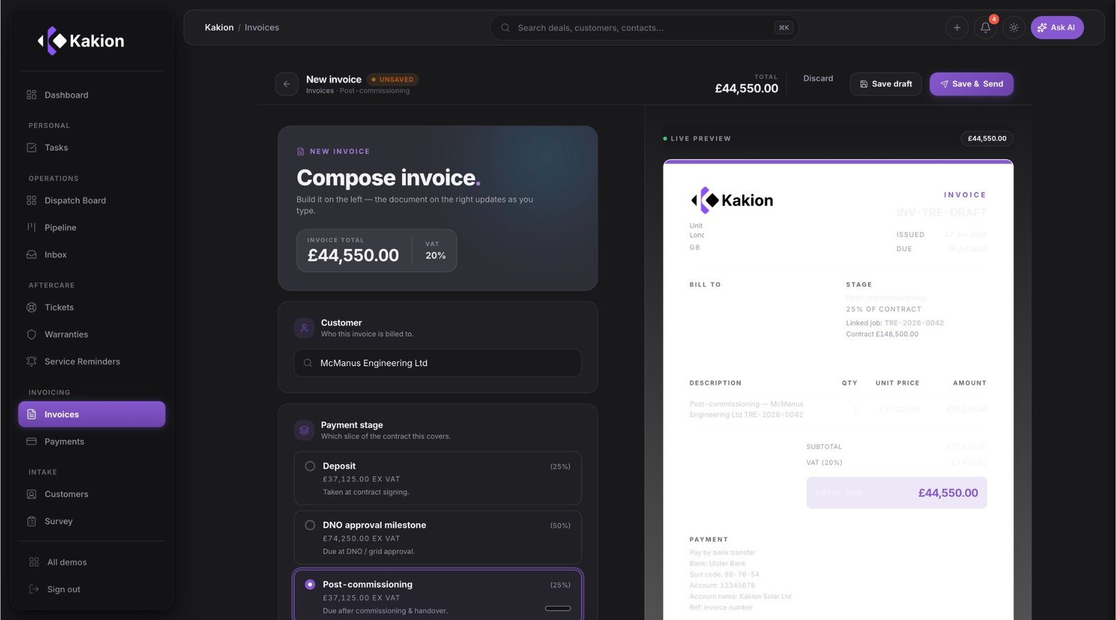 Kakion completion documentation and invoice for a finished job